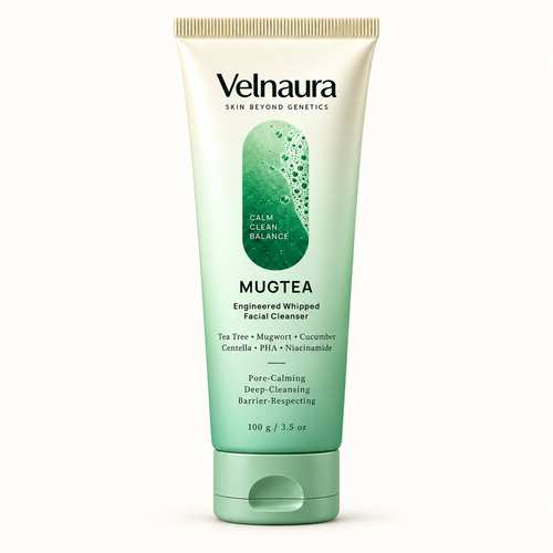 Mugtea whipped facial cleanser tube standing photo against a white background